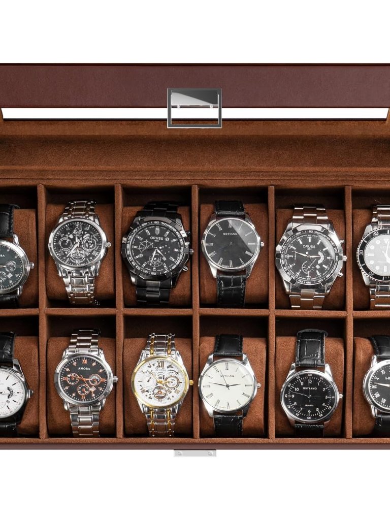 Watch Box Organizer 12 Slot Watch Display Case With Glass Lid Watch Storage Ho
